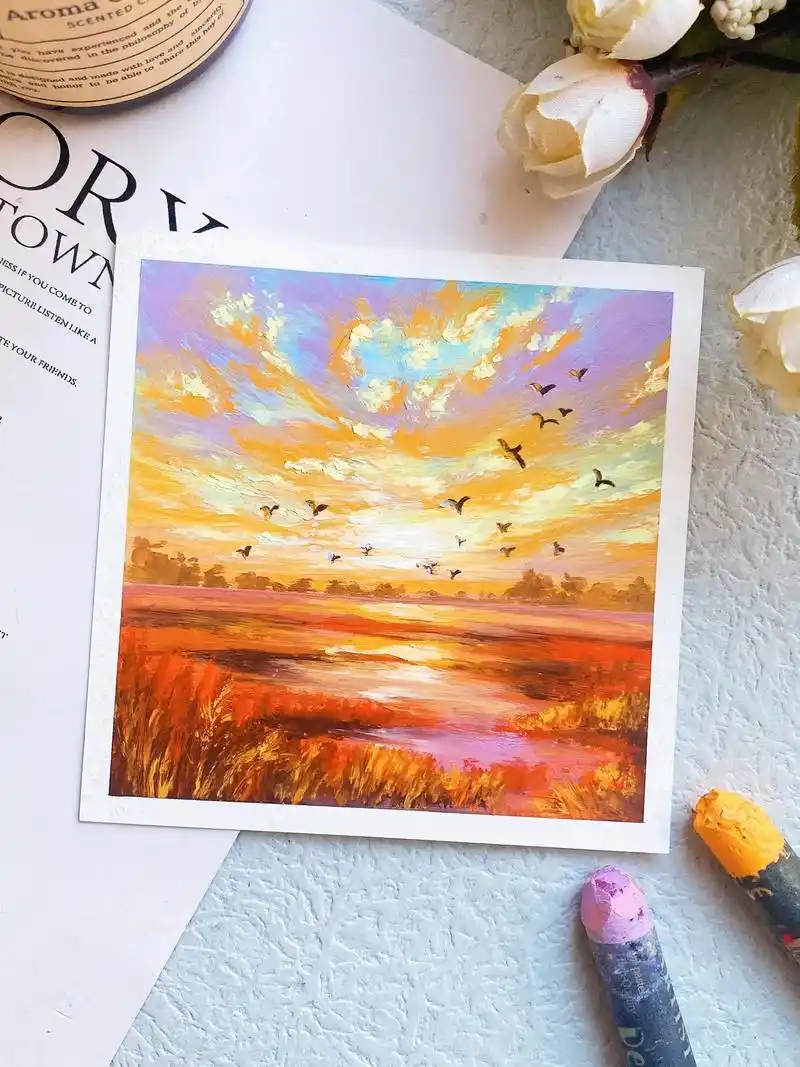 教你画日落黄昏94 #油画棒 - 抖音