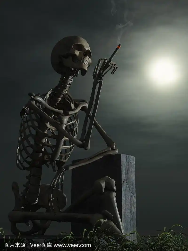 躺在墓碑上的冒烟的骷髅