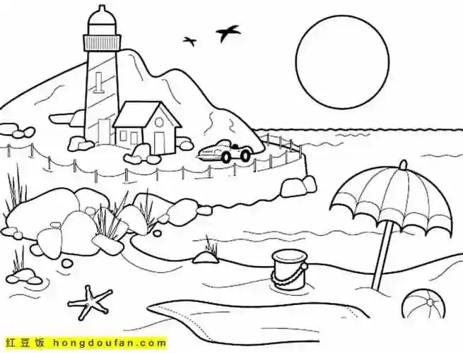 10张夏天主题人物风景涂色图片-红豆饭小学生简笔画大全