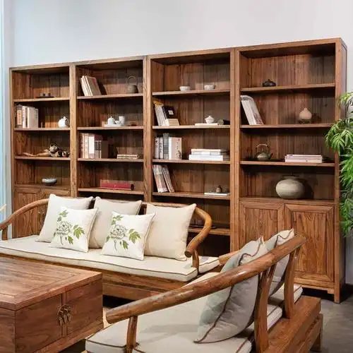 新中式实木书柜老榆木落地组合置物书架带门书橱简约客厅整墙家具