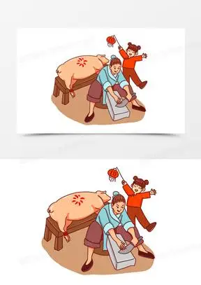 卡通手绘过年杀猪场景素材