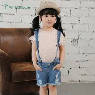 minikidhouse夏款小童女童韩版破洞全棉水洗开裆休闲牛仔吊带短裤