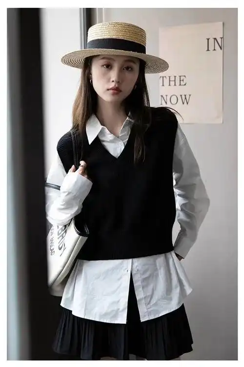 春秋冬季复古黑色毛线小马夹坎肩毛衣背心外搭叠穿领针织马甲女黑色