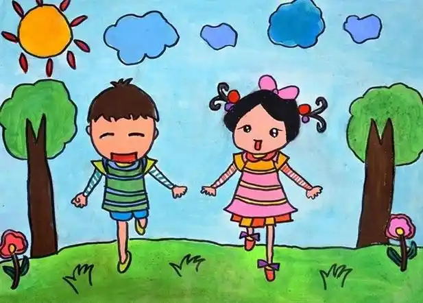 春天郊游踏青儿童画