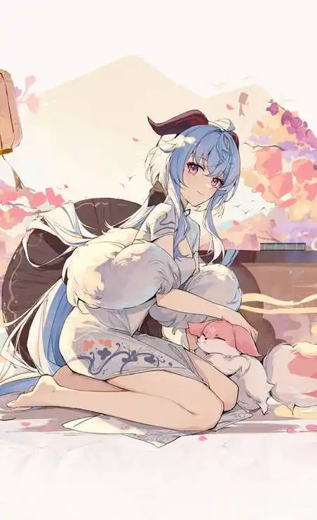 和风动漫插画,跪着和抚摸宠物的动漫少女