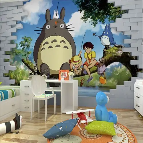 3d砖墙动漫龙猫定制壁画电视背景墙客厅儿童房卧室游乐场墙纸壁纸-淘