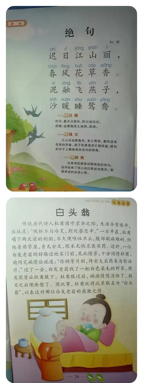 唐诗《绝句》 杜甫 迟日江山丽 春风花草香 泥融飞燕子 沙暖睡鸳鸯