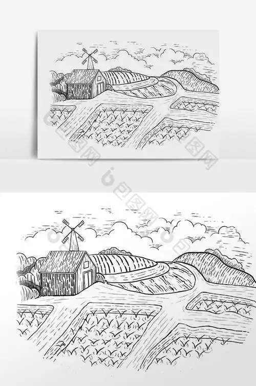 线描简笔画田园风景画插画