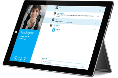 propped-up tablet with on-going skype call pictured