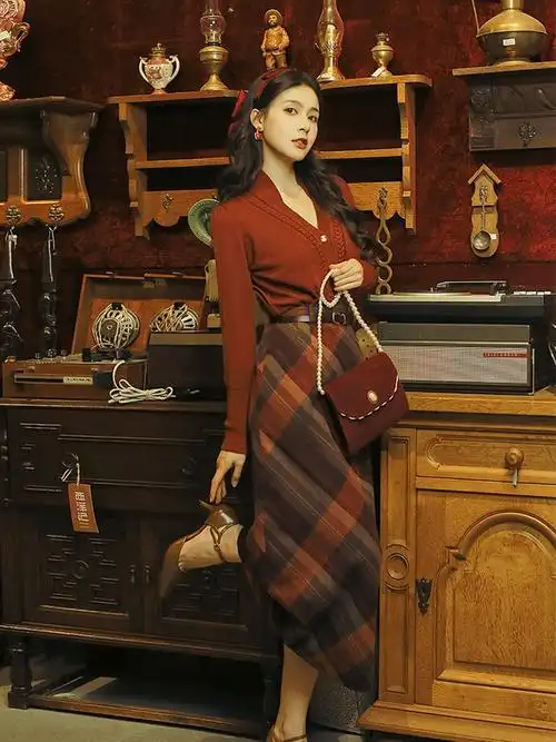 港风复古女装90年代感80早秋连衣裙两件套装冬装民国风古着服装