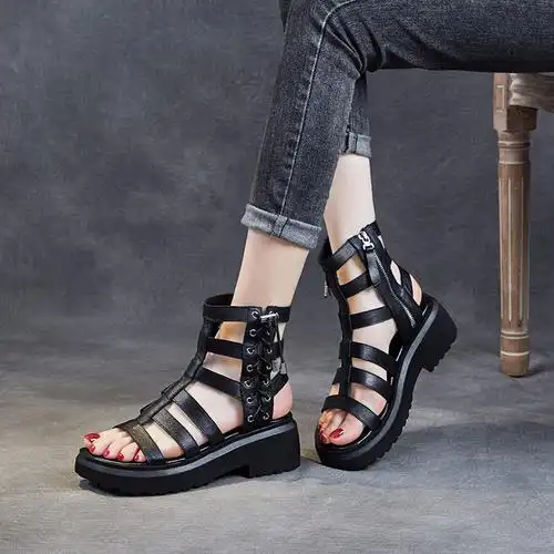 厚底真皮马靴凉鞋高帮条带松糕凉靴女罗马靴时装时装凉鞋