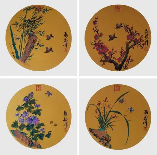 2022年新作品国画带证书,卡纸斗方:梅兰竹菊50x50cm在线拍卖,2022年新