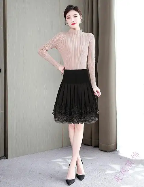 秋冬季新款蕾丝高腰短裙半身裙子女a字裙松紧腰蓬蓬裙黑色s90斤