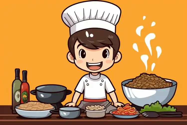 扁平化小学生学习做菜卡通人物插画