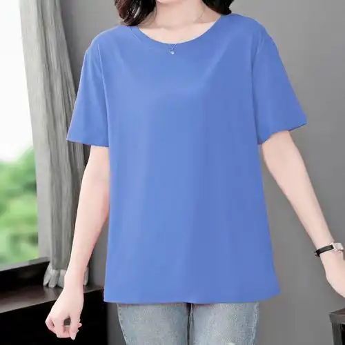 纯色大码短袖t恤女装胖mm宽松2022新款夏季200斤蓝色体恤上衣胖人