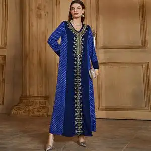 马来西亚服装蓝色复古连衣裙烫金印花新疆女装刺绣高端阿巴亚长裙