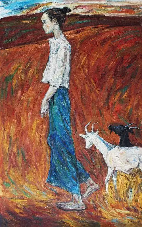 0617 牧羊女 油画 布面