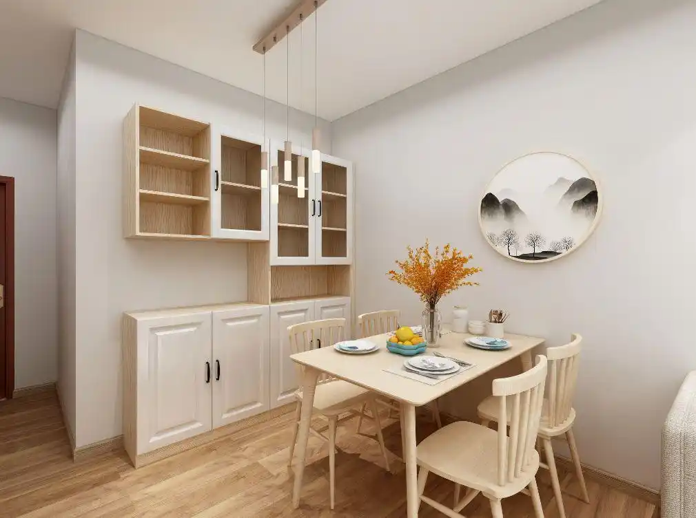 西风胡桃 珍珠白色的餐边柜,搭配简约原木色餐桌,焕发出温暖的家居