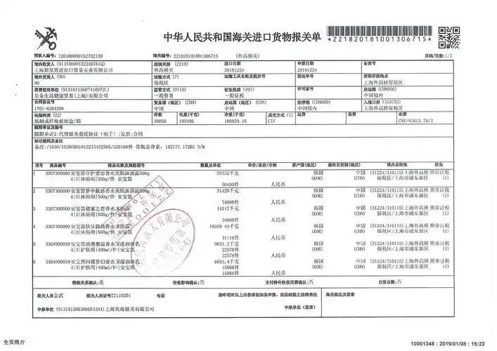 on沐浴露报关单