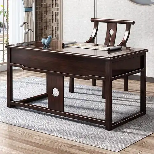 月影梳桐新中式全实木乌金木书桌书架家用办公电脑写字书法画桌书房