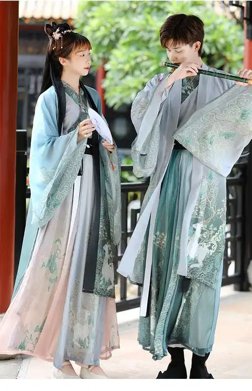 飞之健起晋制汉服男女情侣魏晋风交领齐腰襦裙鹿瑶藏青三件套男女同款