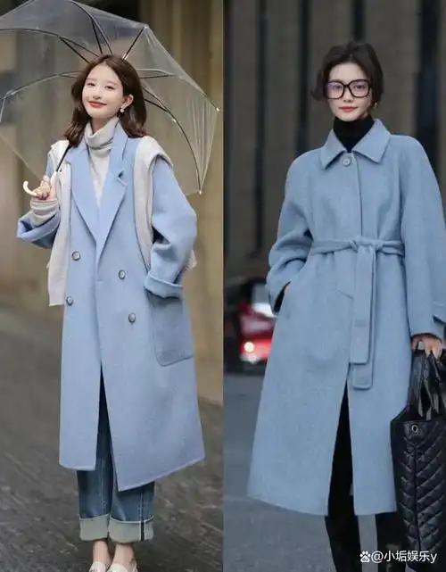 大衣别总穿黑白灰了,"雾霾蓝大衣"温柔又显白,带来冬日朦胧美