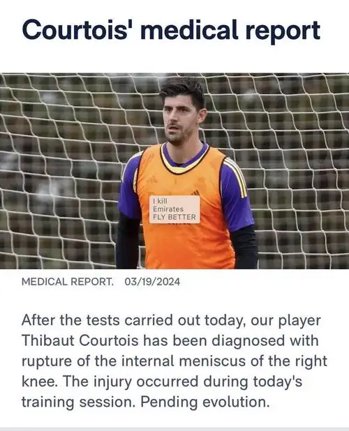 皇马官方:库尔图瓦训练中右膝内半月板撕裂|皇马|库尔图瓦_新浪新闻