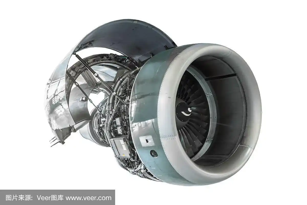 飞机喷气发动机与开放的引擎盖,孤立在白色背景.