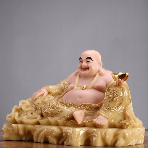 圆通佛具汉白玉石雕镶金大肚弥勒佛像供奉居家摆件