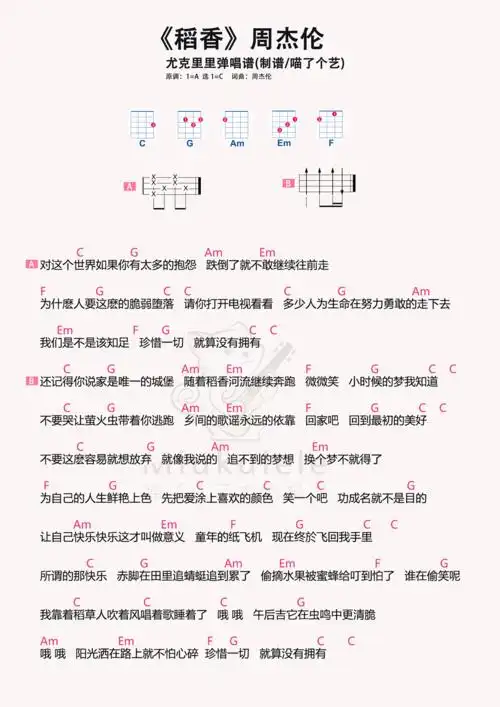 稻香尤克里里谱_c调弹唱谱_周杰伦_尤克里里弹唱视频_原版尤克里里谱