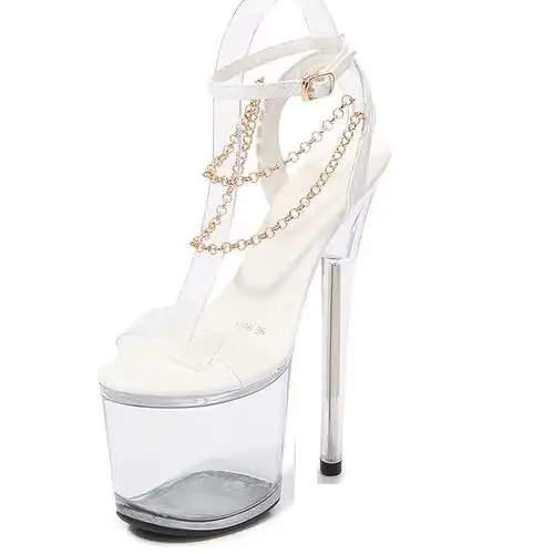 超高跟鞋20cm细跟性感金属链条防水台一字带恨天高超高凉鞋女夏