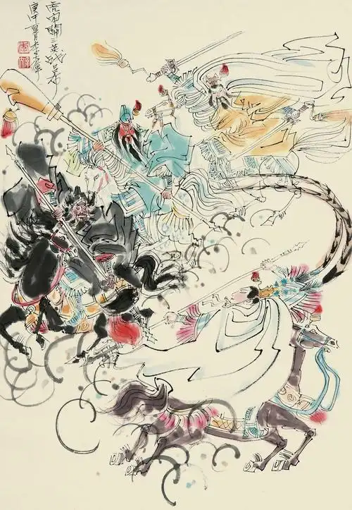 01321990年三英战吕布立轴设色纸本