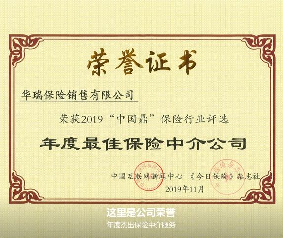 2019年"中国鼎"保险行业评选为年度最佳保险中介公司,并获得荣誉证书