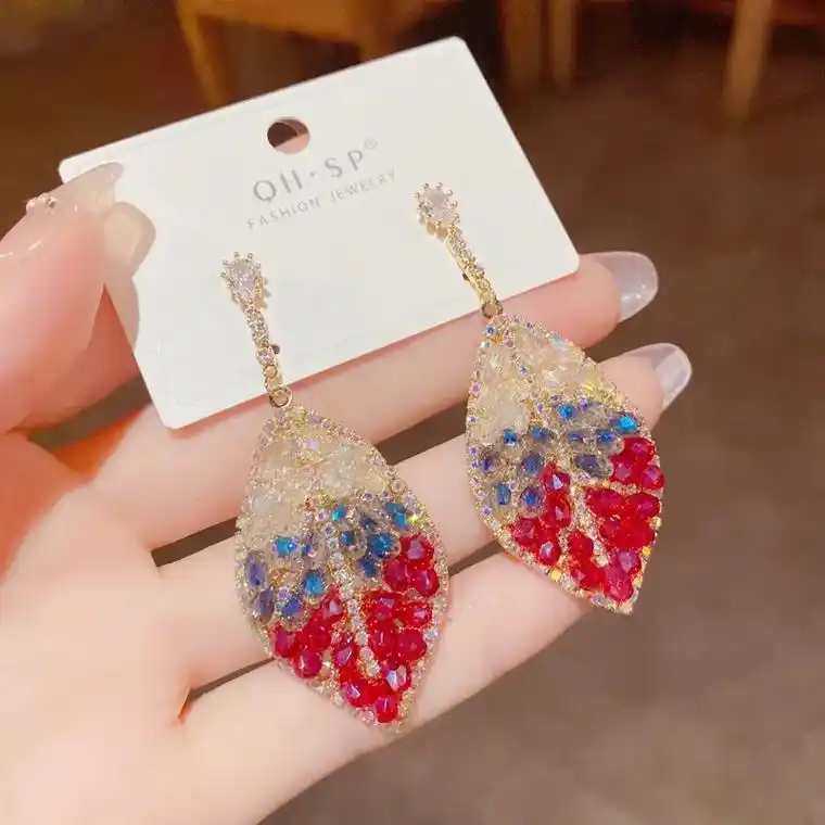 法式复古满钻拼色树叶手工款耳环女气质时尚长款显瘦耳钉百搭耳饰