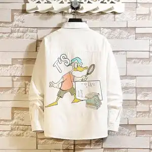 日系纯色男长袖宽松大码印花休闲唐老鸭衬衣c805p38图片