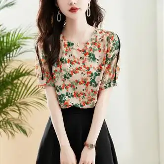 pstp)素订女装官方夏款夏季宽松印花雪纺短袖t桖时尚洋气小衫上衣女士