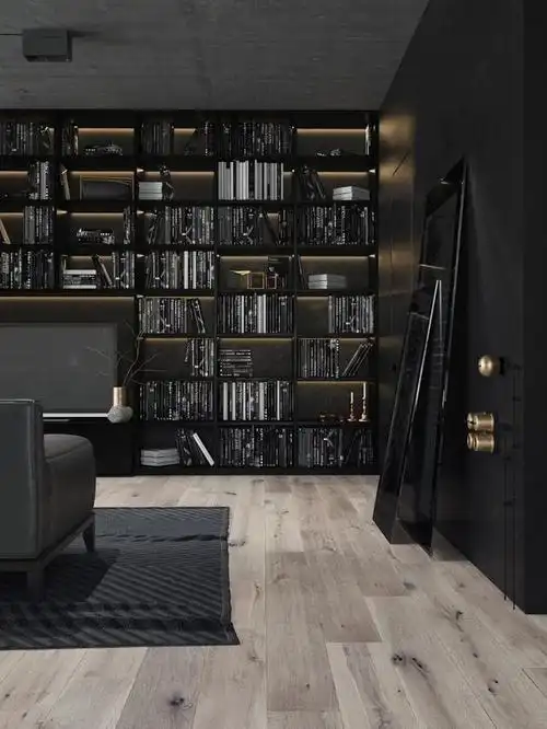 餐厅·厨房书架·装饰树的 多·繁杂·红 ,丰富了这个简单的黑色空间.