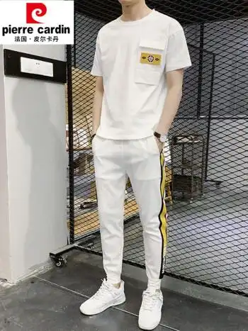 2022年新款夏季白色休闲运动一套装搭配帅气修身针织白色套装t恤裤子m