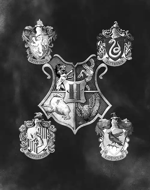 一张哈利波特的图.底全是黑色,只有四个学院的首字母.