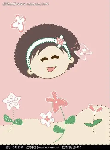 眯眼微笑的女孩与花朵ai矢量文件