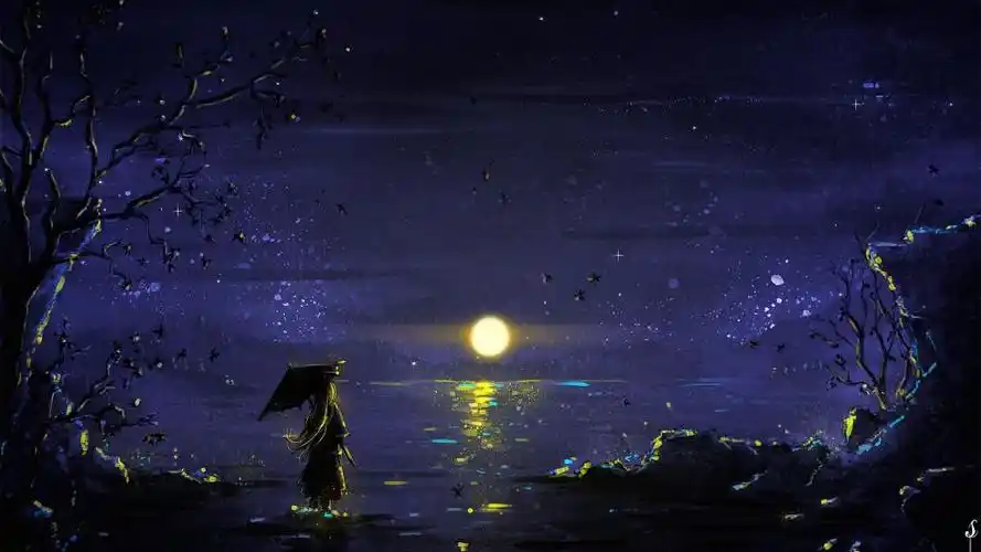 夜晚一个人的背影插画,高清壁纸图片,卡通矢量-回车桌面