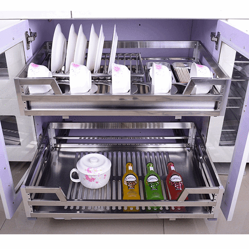 304不锈钢厨房橱柜抽屉拉篮 碗碟拉篮放锅平蓝阻尼滑轨方管拉篮