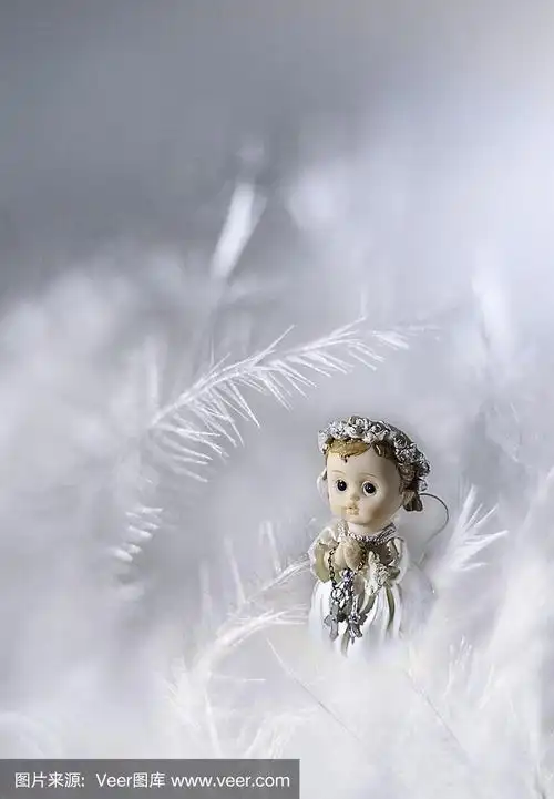 美丽的小天使,白色的翅膀站在你的双臂,就像在祈祷是在蓬松的羽毛灰色