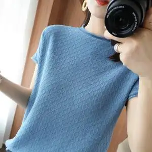 2021夏季新款短袖针织t恤女半高圆领纯棉线t恤衫半袖宽松显瘦上衣
