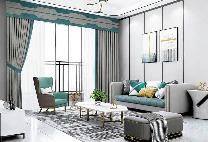 高级灰与孔雀蓝混蛋布艺窗帘