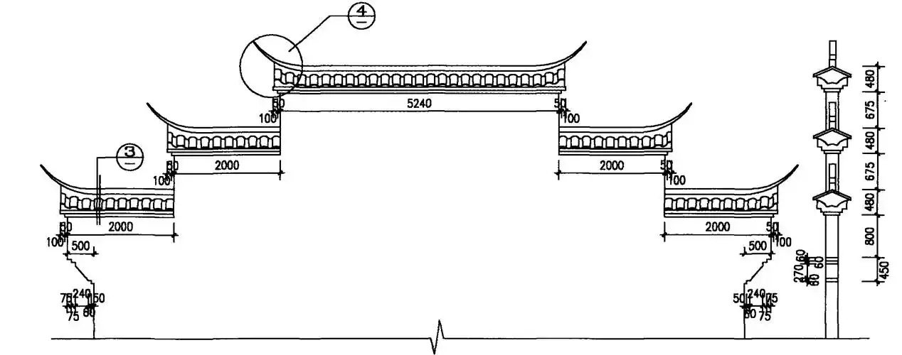 马头墙大样屋顶平面图阳台大样l为各栏杆单体尺寸a-a剖面图b-b剖面图.