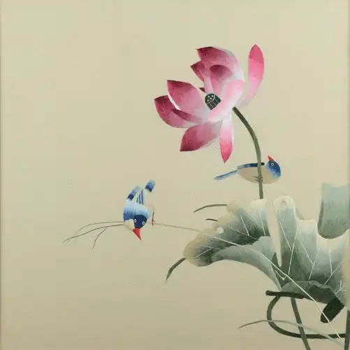 蜀绣单面绣 《花鸟小品-荷花翠鸟》