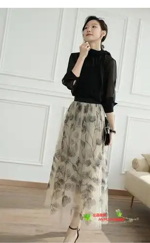 轻奢女装半身裙纱裙女2021春夏新款双层网纱褶皱高腰水墨印花蓬蓬中