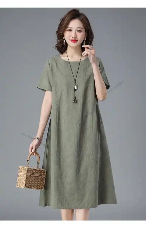 素素棉麻女装夏季休闲时尚棉麻连衣裙女年新款女装显瘦洋气提花中长款