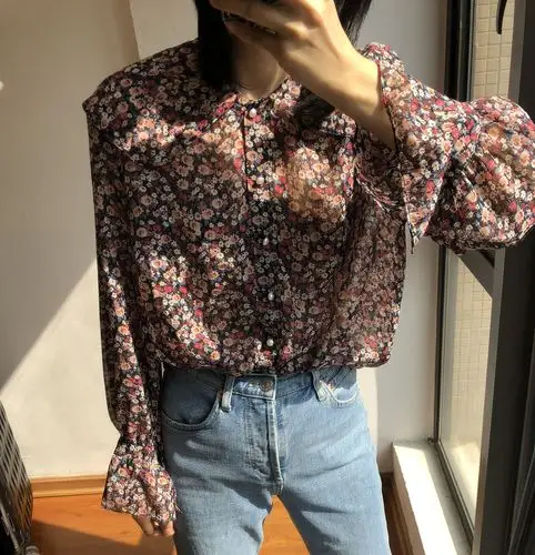 2020春款韩国原单宽松娃娃领复古小碎花衬衫女长袖衬衣雪纺衫上衣